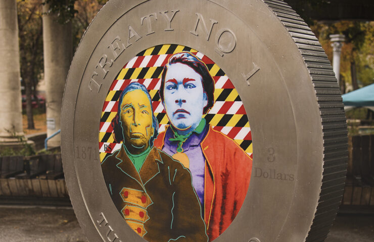 Oversized coin features life-size portraits of Chiefs Miskookenew and Kakekapenais in bright Pop Art colors, and features the text "Treaty No. 1", "1871", "3 dollars" and "Turtle Island".