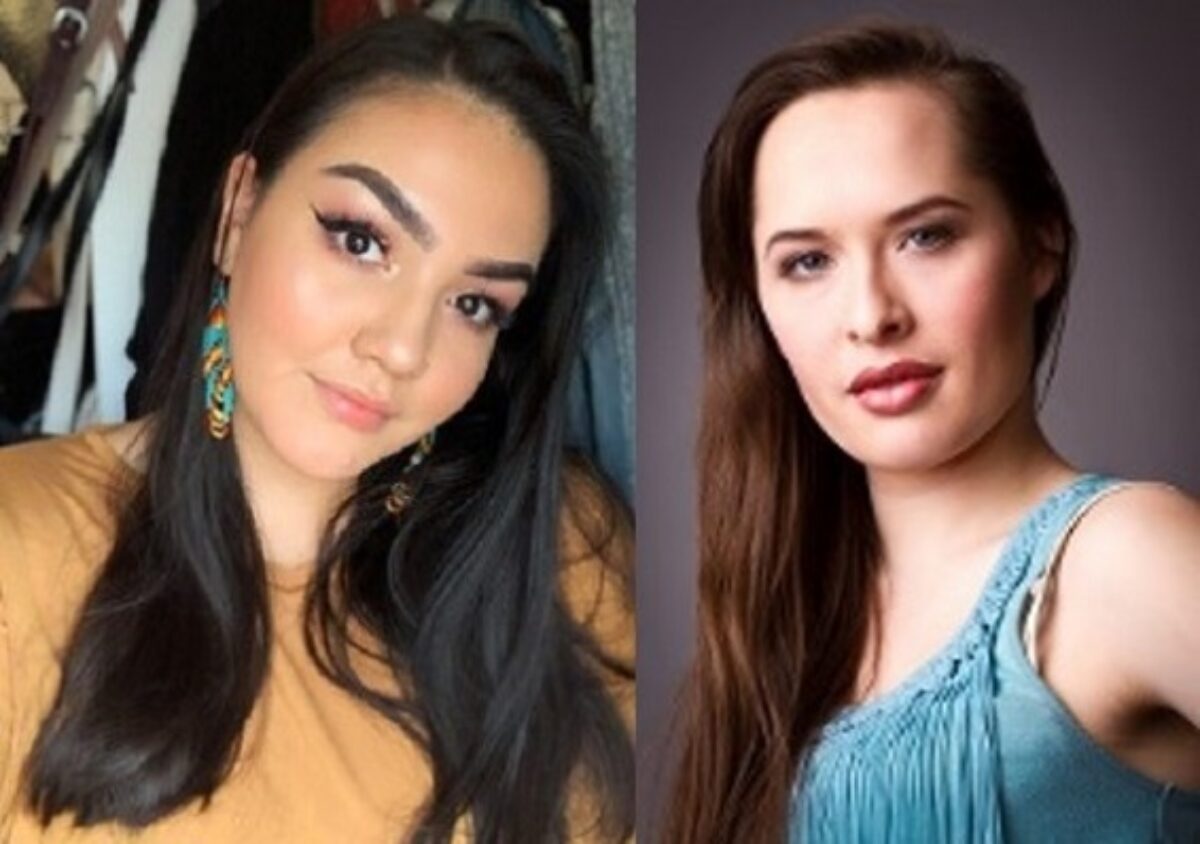 Headshot of a woman with long dark hair, colourful earrings, and a taupe top, next to a headshot of a woman with long brown hair and a blue sleevleess top.