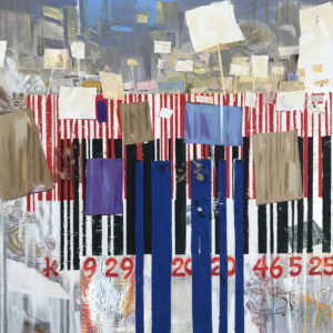 An abstract painting of what appears to be overlapping bar codes with various squares overlapping each other . The colours of the bar codes are red, black, and dark blue and the squares vary in colour from white, grey, purple, and blue.