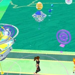 A screenshot from the Pokémon Go App. There is an animated female character in the bottom centre of the image and she is surrounded by various colourful shapes.